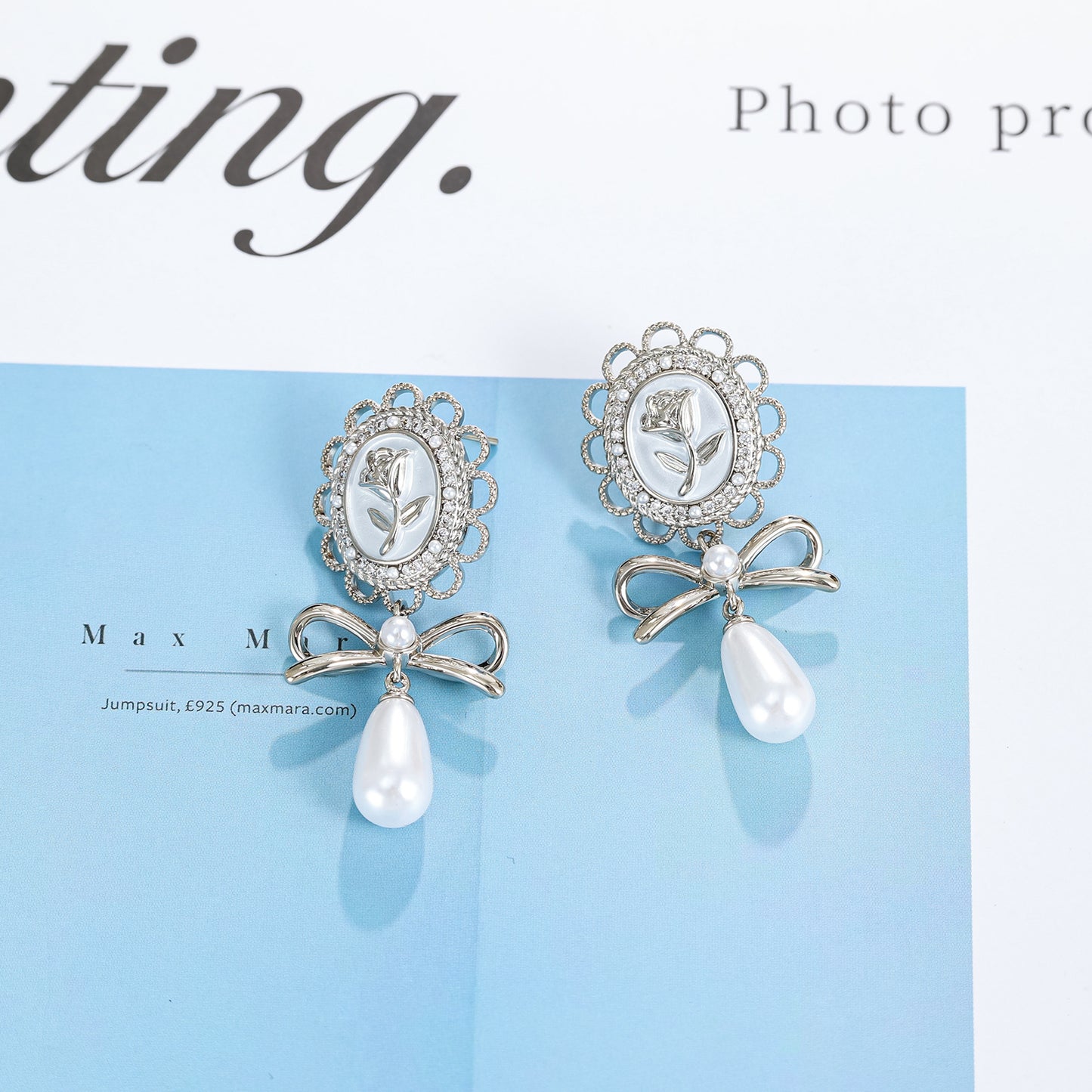 925 silver needle gold-plated zircon oil painting rose pearl earrings
