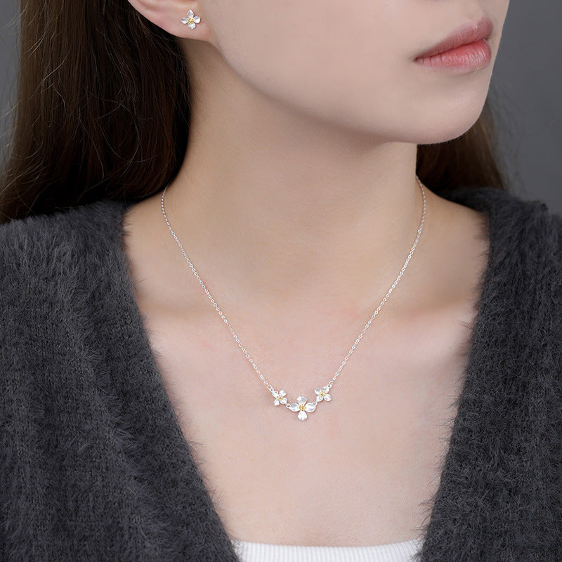 S999 sterling silver gardenia necklace earrings set