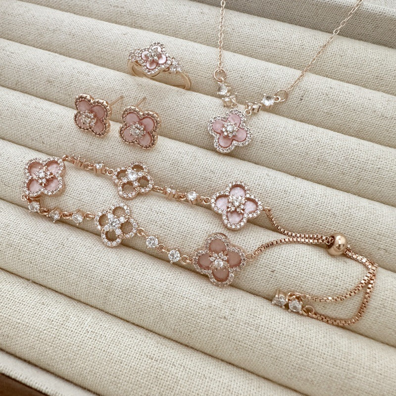 Pink clover flowers with zircon rose gold earrings necklace bracelet ring set
