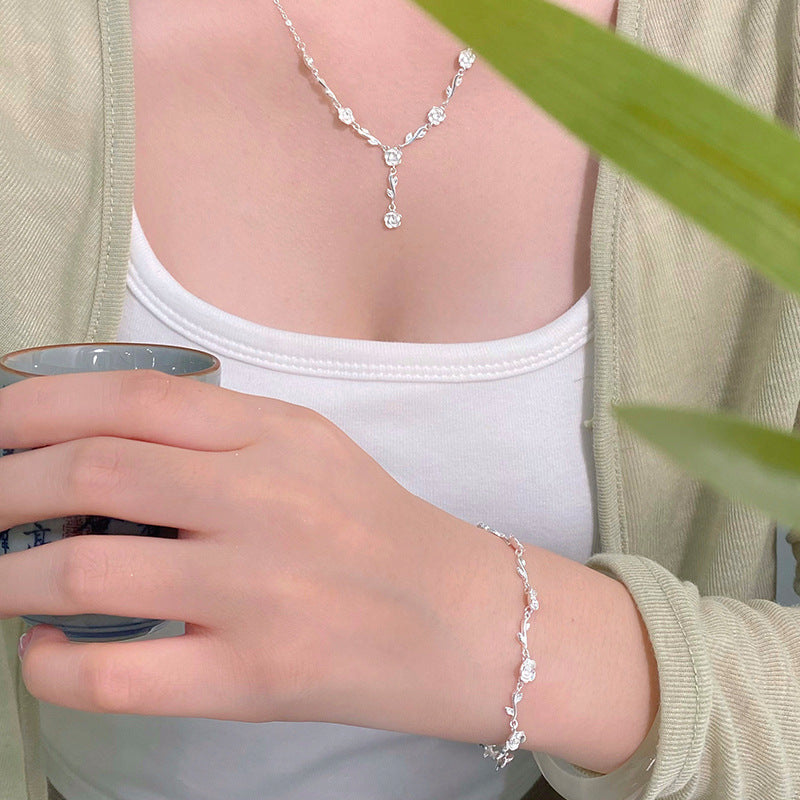 S999 sterling silver rose necklace bracelet set