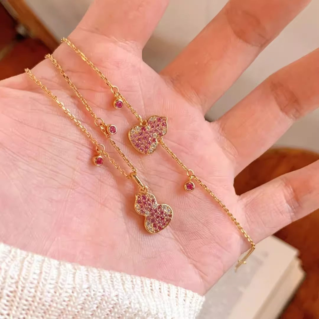 S925 sterling silver micro-inlaid pink gourd necklace bracelet set