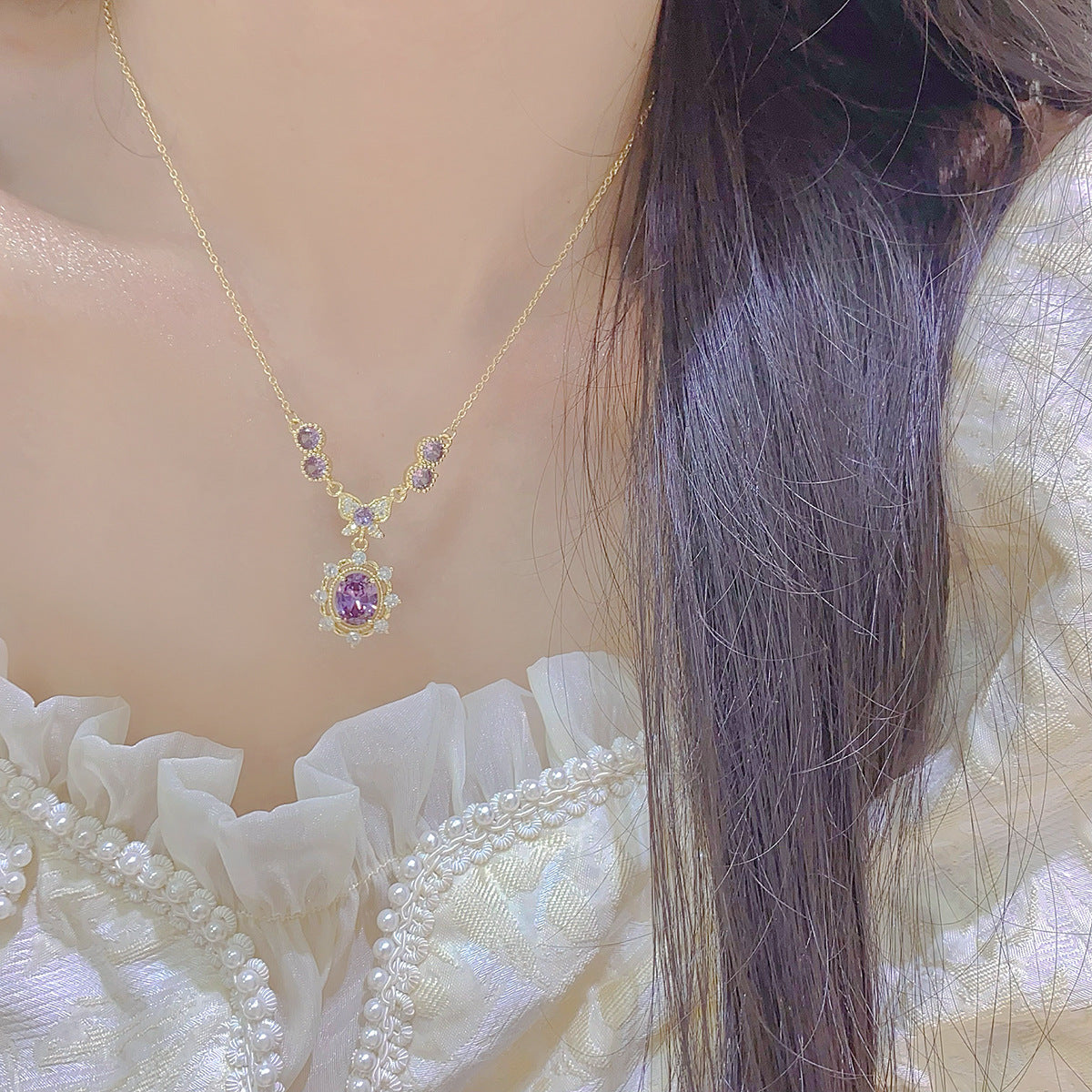 Purple zircon electroplated gold lavender manor butterfly earrings necklace bracelet set