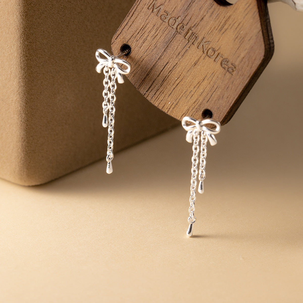 S925 sterling silver bow tassel earrings
