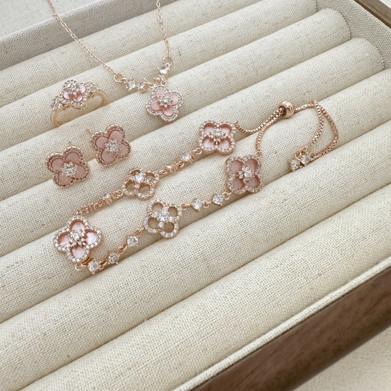 Pink clover flowers with zircon rose gold earrings necklace bracelet ring set
