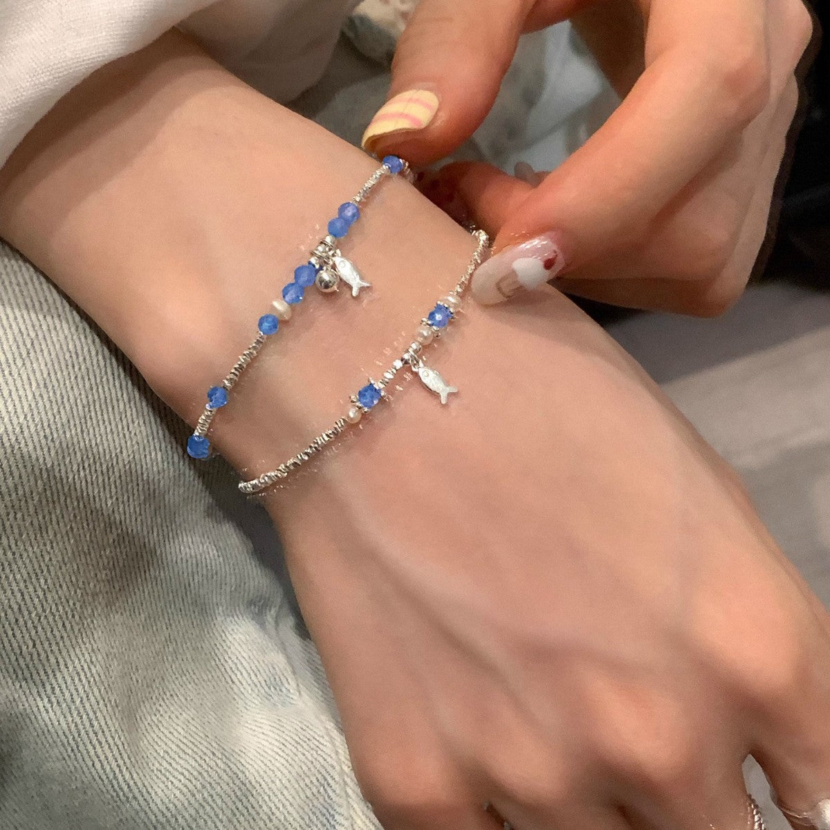 S925 sterling silver blue crystal fish bracelet