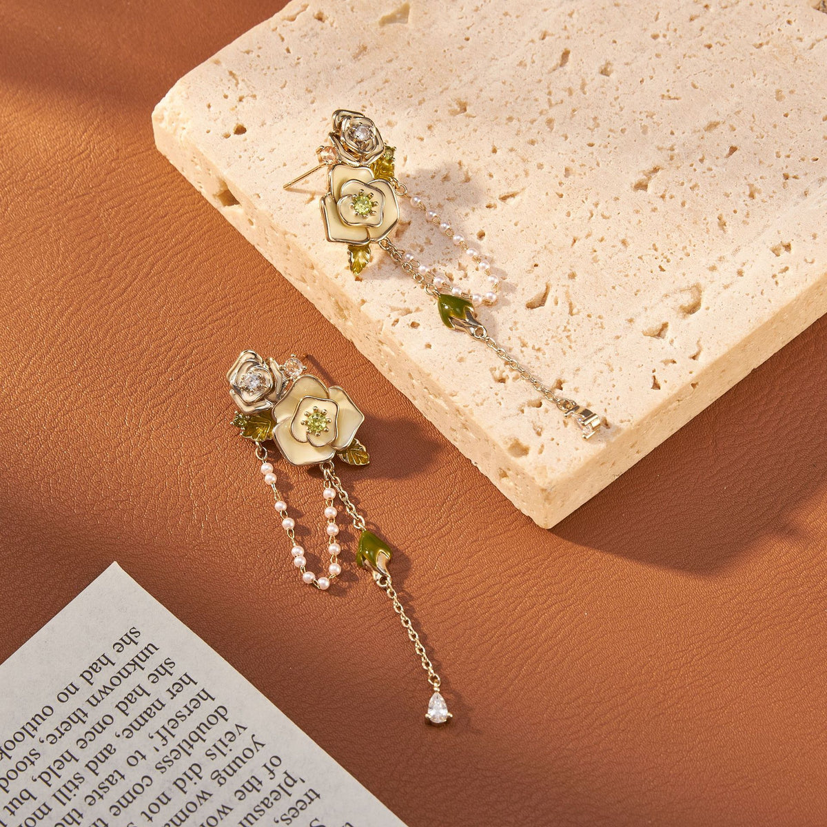 Camellia Rose Dewdrop Zircon Necklace & Earrings