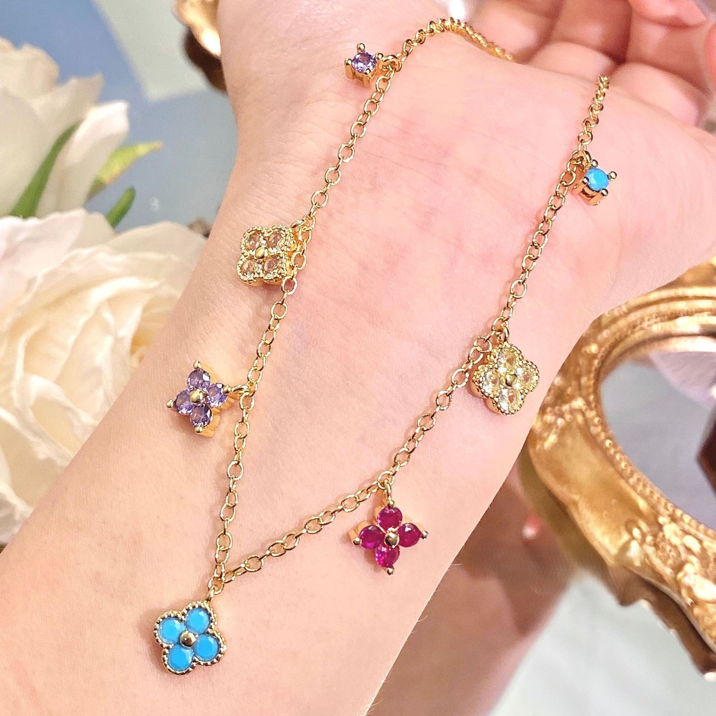 Colorful four-leaf clover studded necklace earrings bracelet