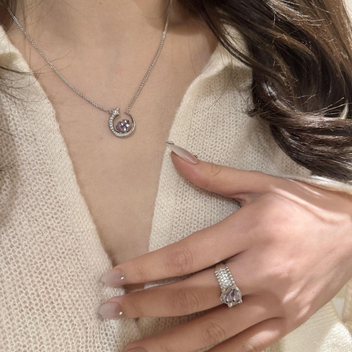S925 sterling silver Purple Crystal Gourd Moon Necklace Ring