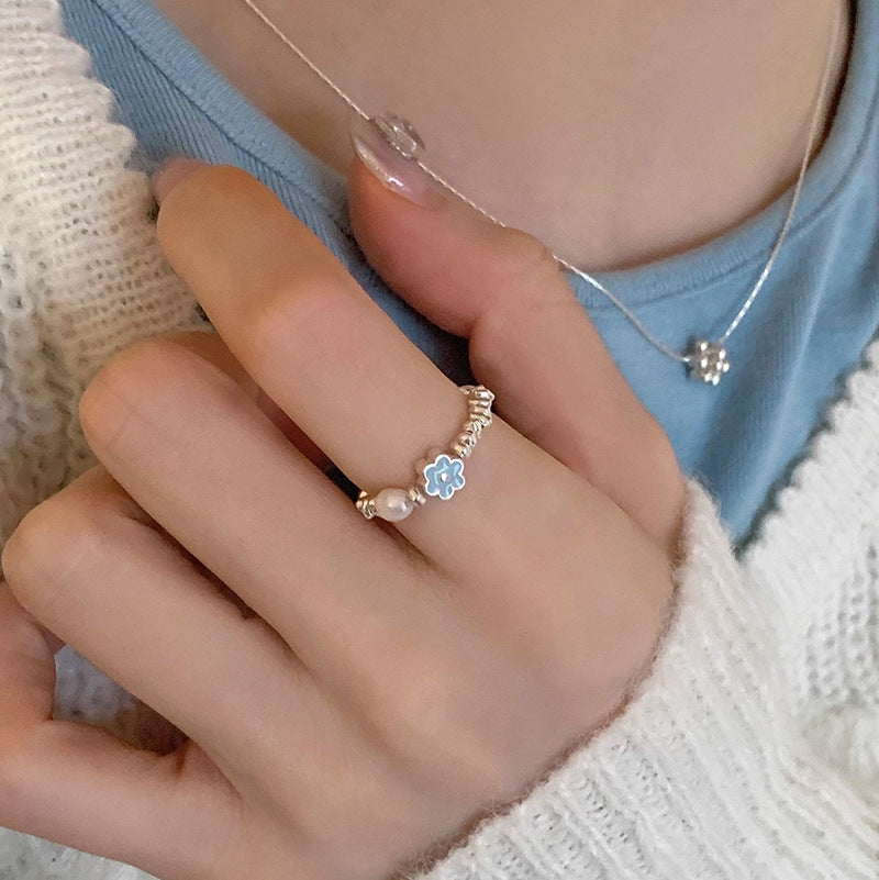 S925 sterling silver glazed flower pearl ring