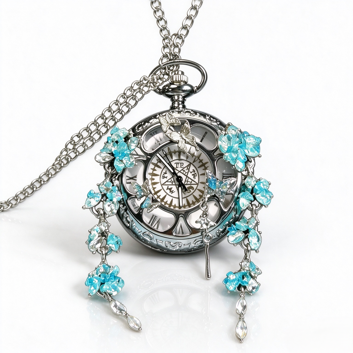 Movable Butterfly Pocket Watch, Handmade Floral Quartz Pocket Watch Necklace