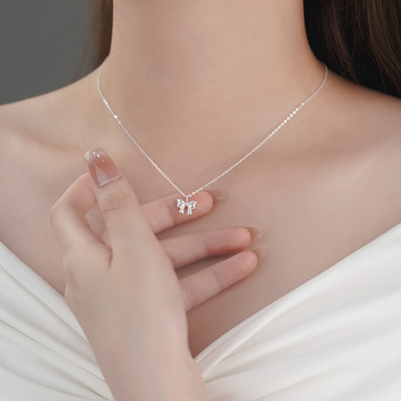 S999 sterling silver zircon bow necklace