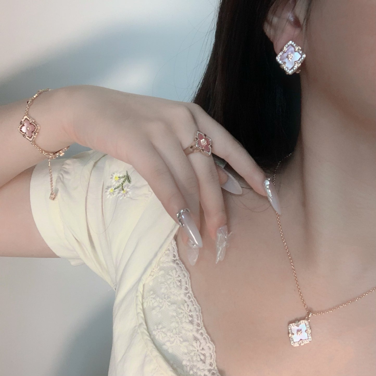 Natural Fritillaria pink clover necklace bracelet ring earrings set