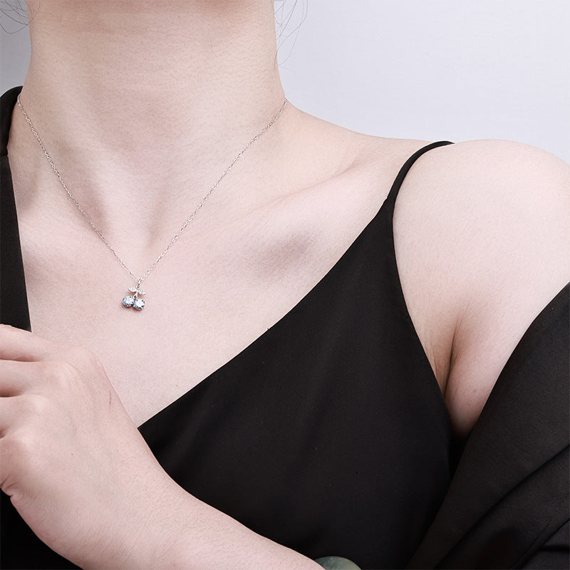 925 Sterling Silver Blue Moissanite Sweet Cherry Pendant Necklace