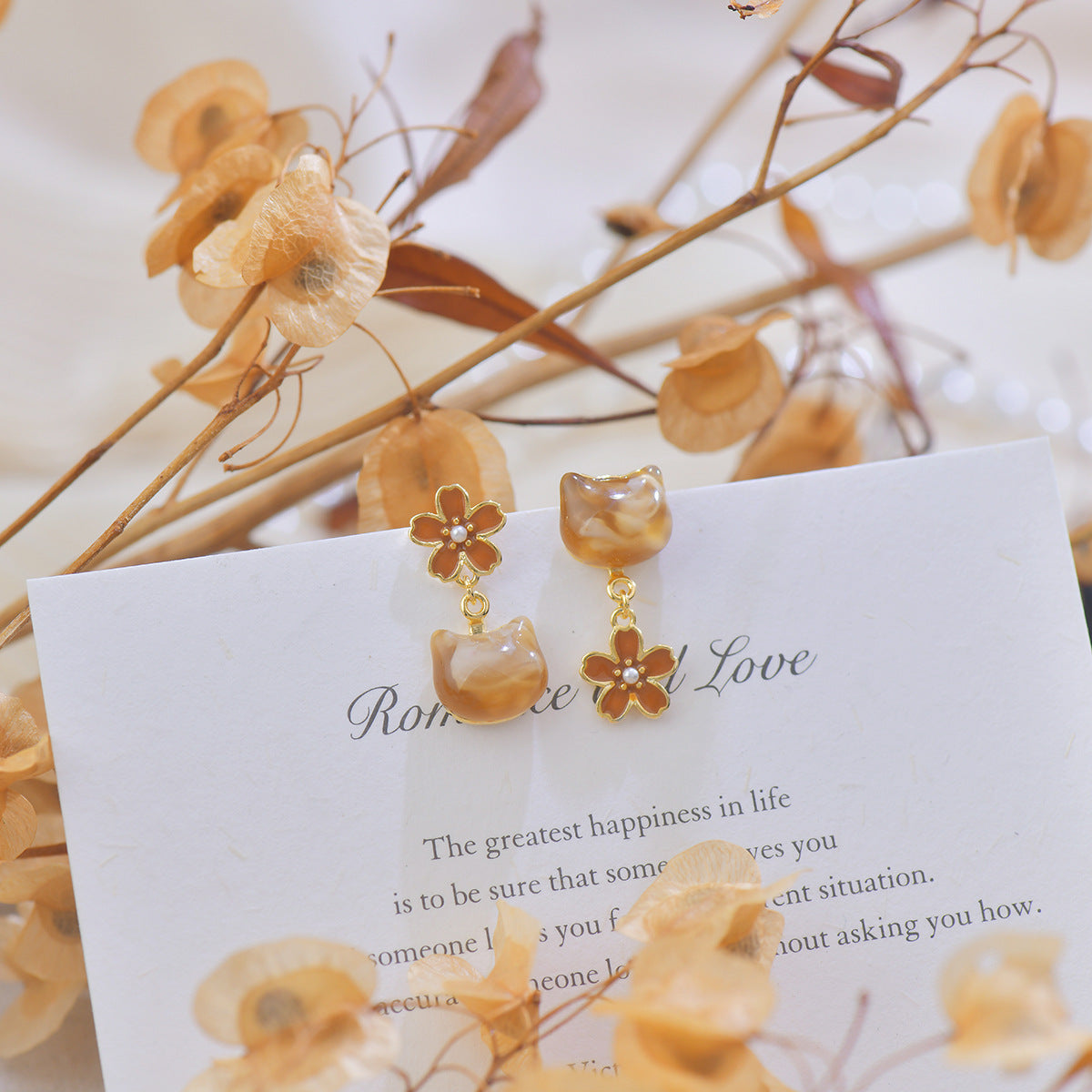 Amber cat copper plated with 14k gold earrings