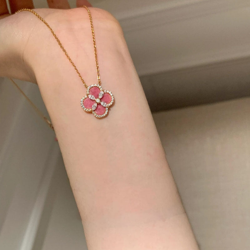 Rose Pink Flower Flash Diamond Clover Bracelet Necklace Earrings Set