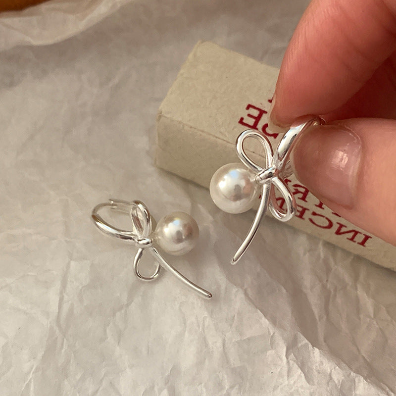 925 silver needle plated with real gold Bow Pearl Earrings