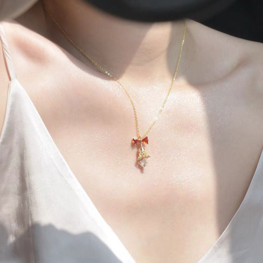 Bell red bow necklace earrings set