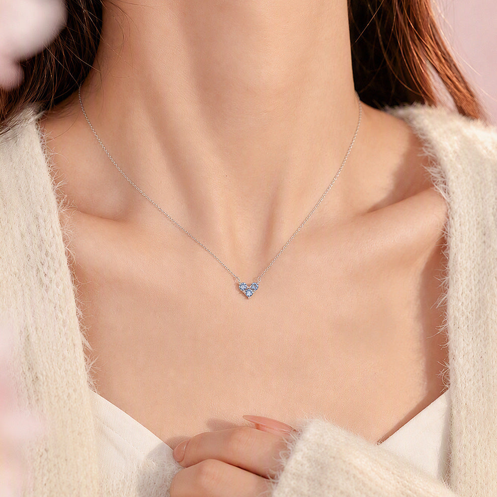 S999 Sterling Silver Blue Zircon V-Shaped Necklace & Stud Earrings