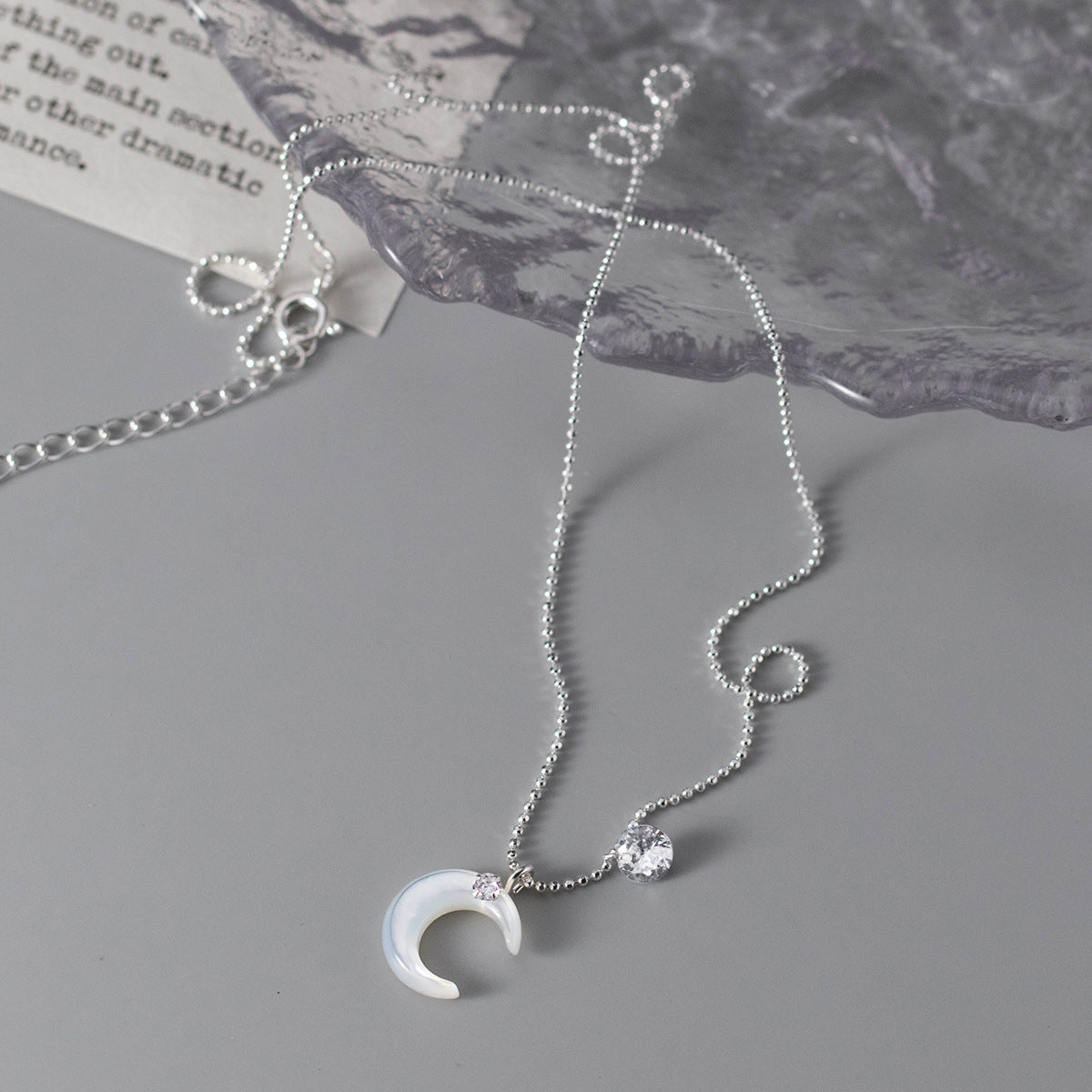 S925 sterling silver white diamond shell moon necklace