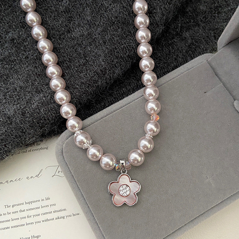 Natural pink Fritillaria Manta rose Swarovski pearl necklace