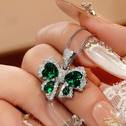 Emerald Butterfly Set S925 Silver Needle Earrings Necklace Ring