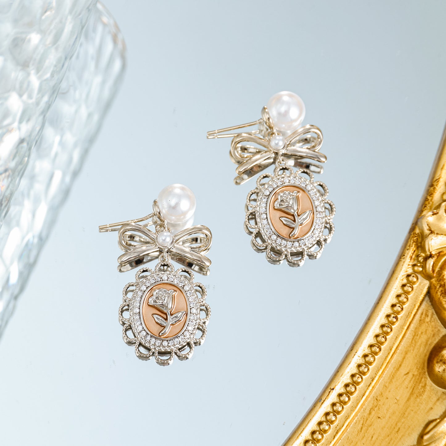 925 silver needle real gold plated pearl bow rose earrings