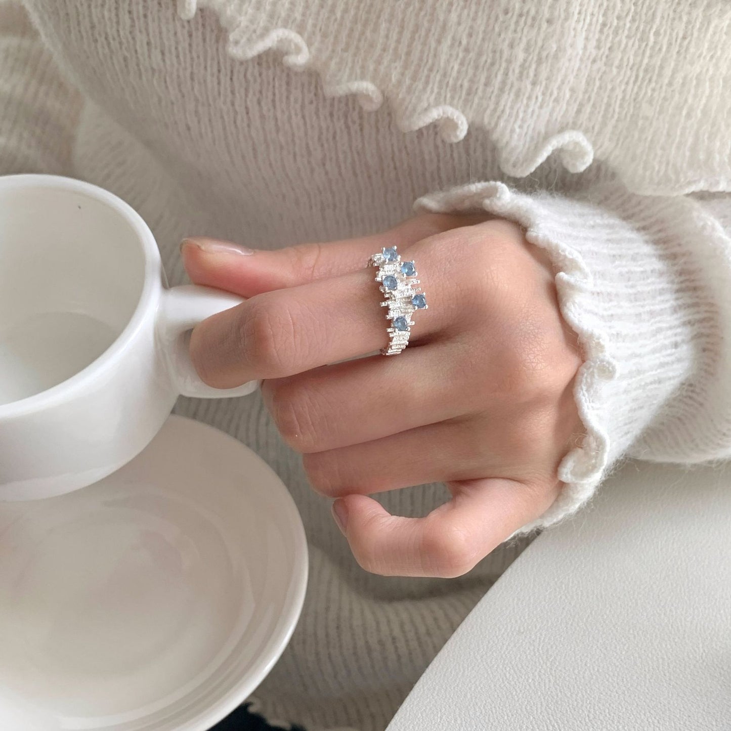 S925 Sterling Silver Irregular Fold Sea Blue Zircon Ring