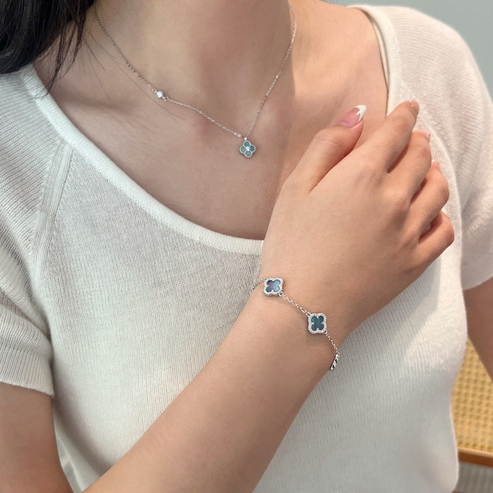 S925 Sterling Silver Four-Leaf Clover Natural Pearly Gray Mother-of-Pearl Round Zircon Bracelet Necklace Earrings