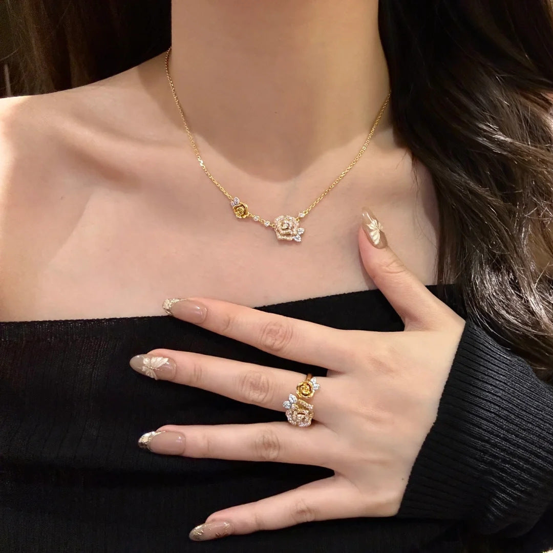 Diamond rose necklace bracelet ring set