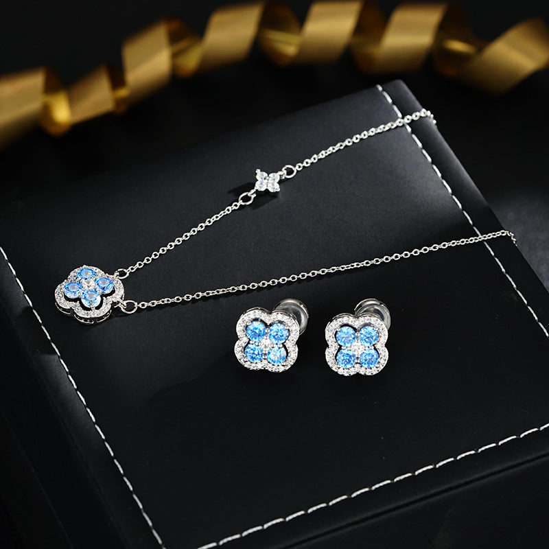 Blue zircon four-leaf clover earrings necklace set