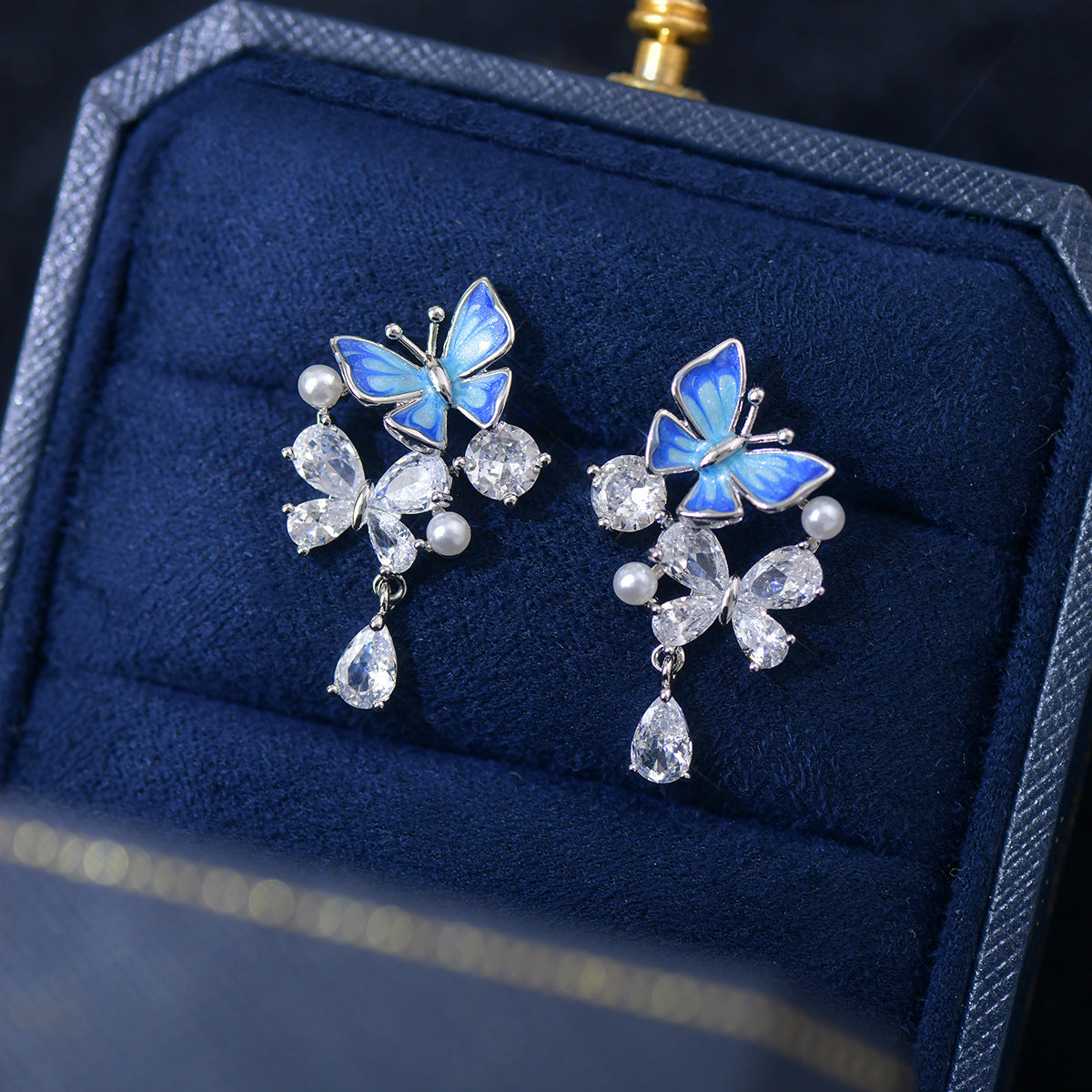 Blue drop butterfly zircon drop pearl earrings