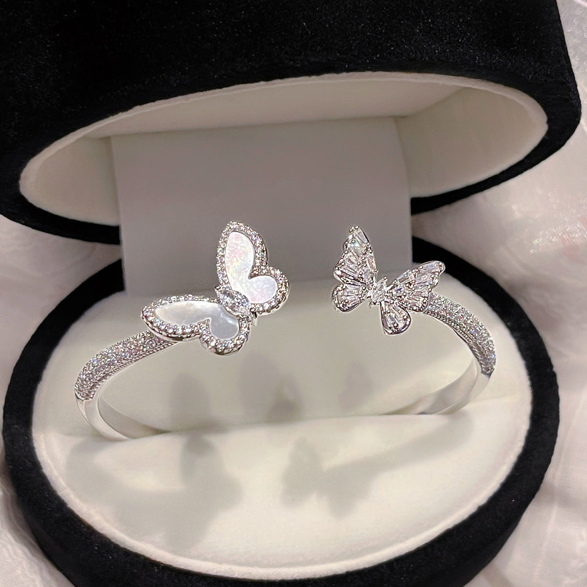Zircon Mother-of-Pearl Butterfly Open Bangle Bracelet