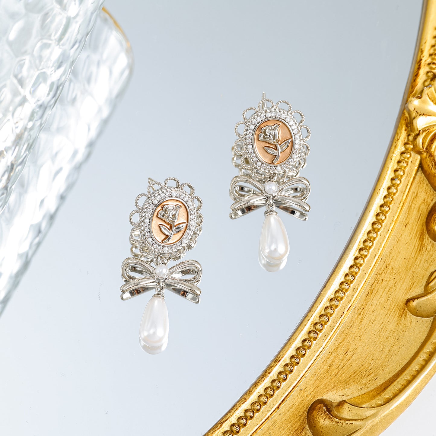 925 silver needle gold-plated zircon oil painting rose pearl earrings