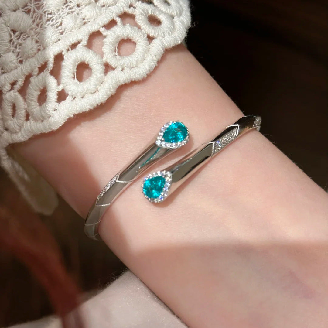 Paraiba Inlaid Spring Open Bangle Bracelet