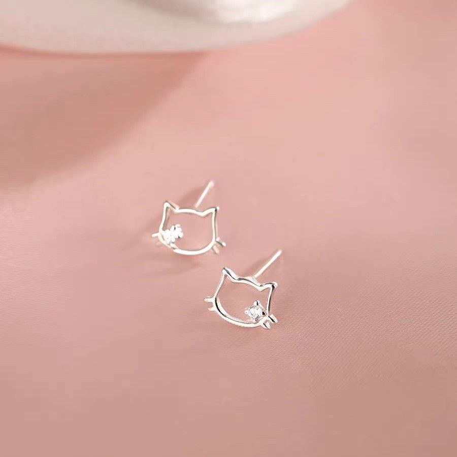 S999 sterling silver hollow cat ear nail earrings