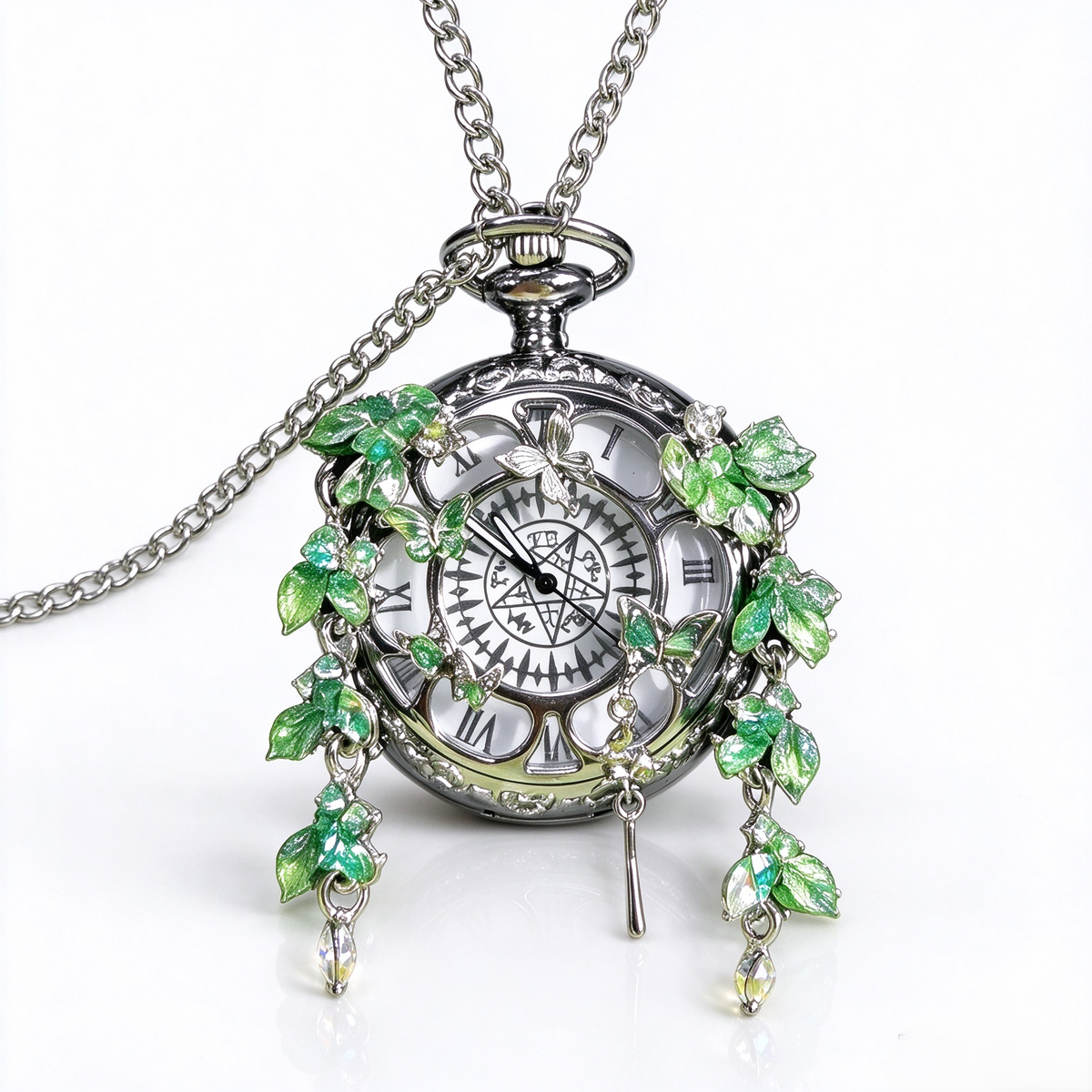 Movable Butterfly Pocket Watch, Handmade Floral Quartz Pocket Watch Necklace