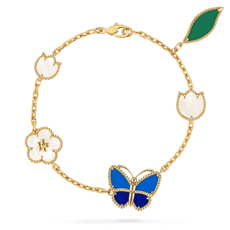18K Gold Plated Blue Butterfly Five-Flower Bracelet, Necklace, Ring and Earrings, Mother Of Pearl With Green Leaf Charms
