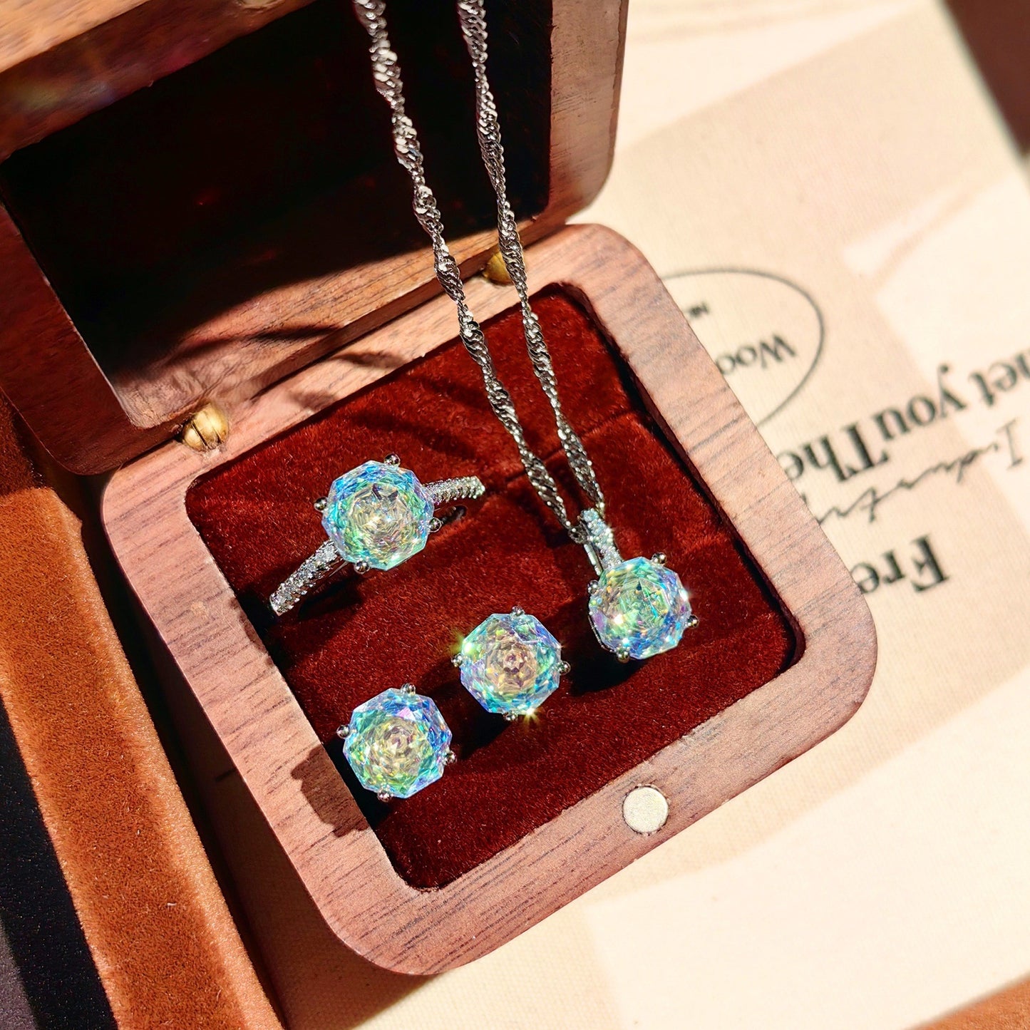 Roses inlaid with high carbon diamond colorful diamond necklace earrings ring set
