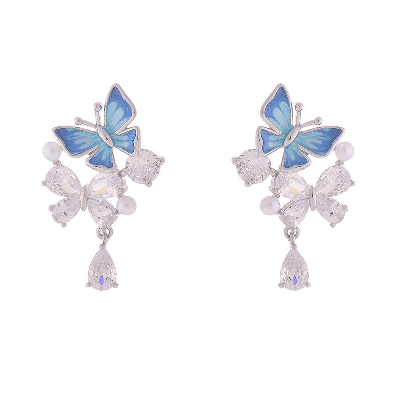Blue drop butterfly zircon drop pearl earrings