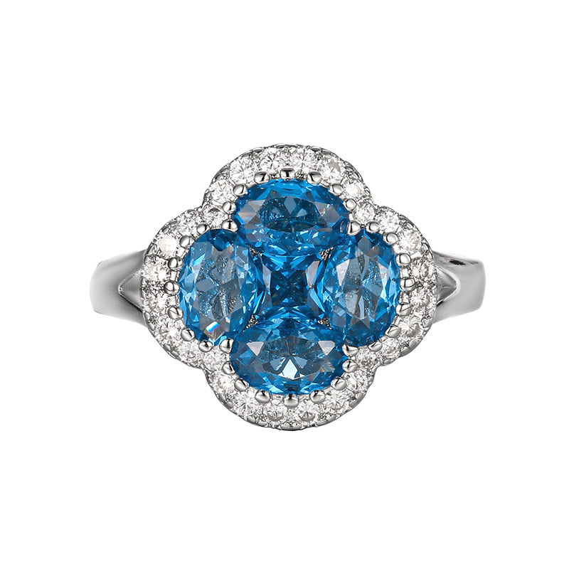 Blue pointed crystal four-leaf clover necklace ring earrings set