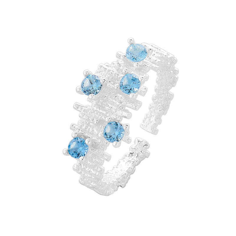 S925 Sterling Silver Irregular Fold Sea Blue Zircon Ring