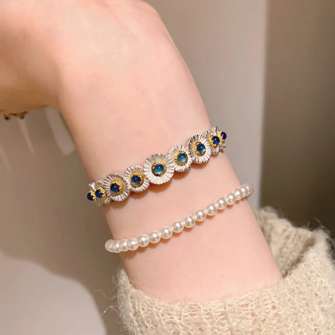 Blue chalcedony daisy bracelet ring set