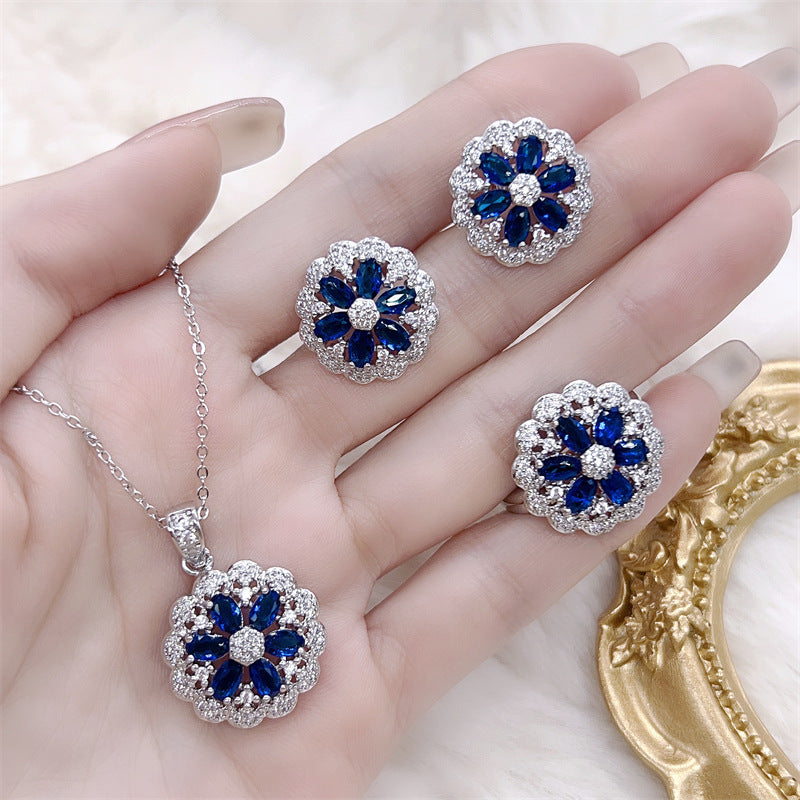Blue gem flower three-piece ring necklace earrings set