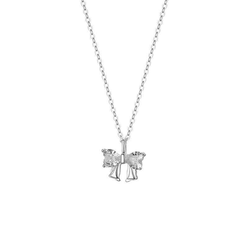 S999 sterling silver zircon bow necklace