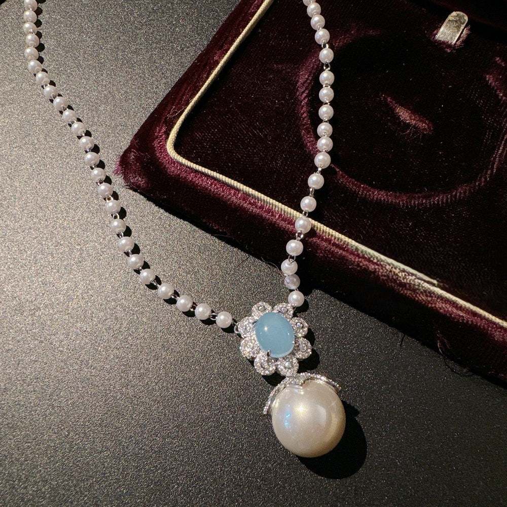 Turkey blue chalcedony deep-sea pearl flower gem pearl necklace bracelet ring earrings set