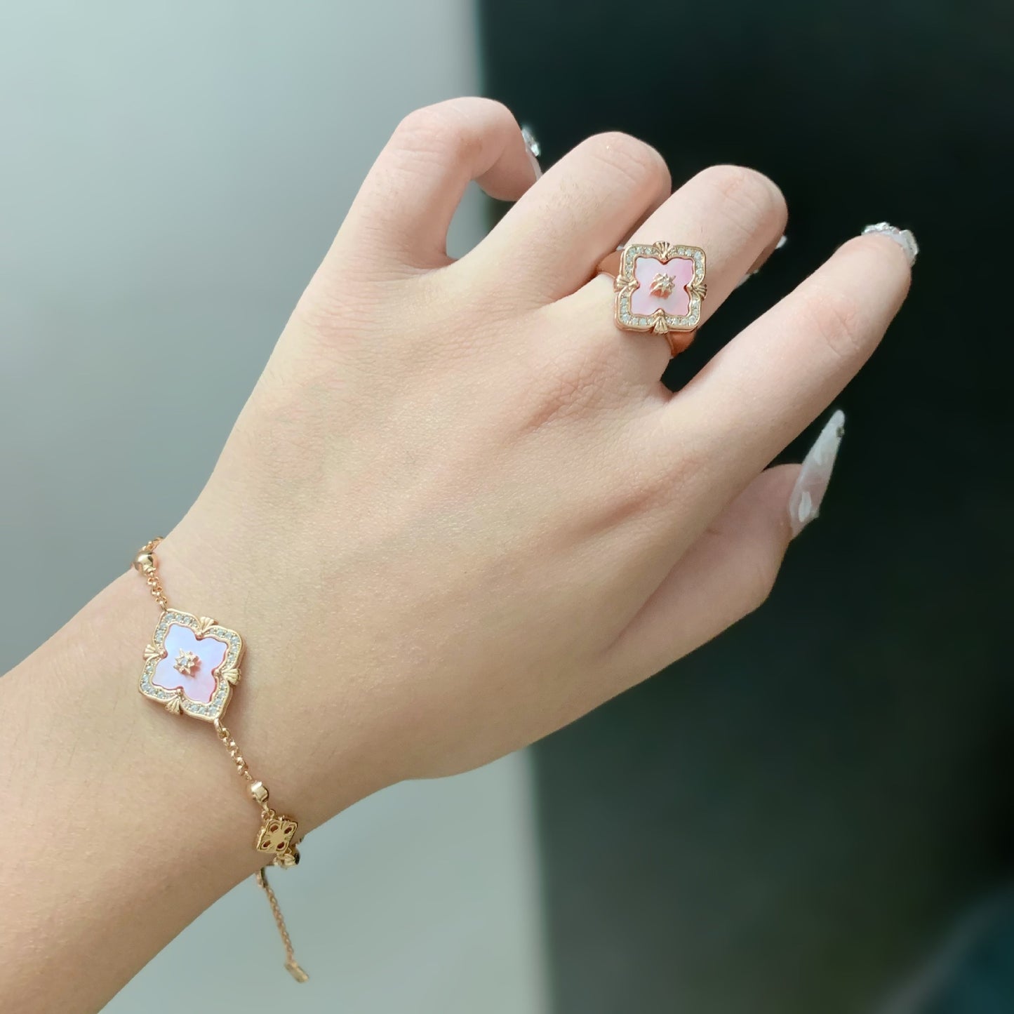 Natural Fritillaria pink clover necklace bracelet ring earrings set