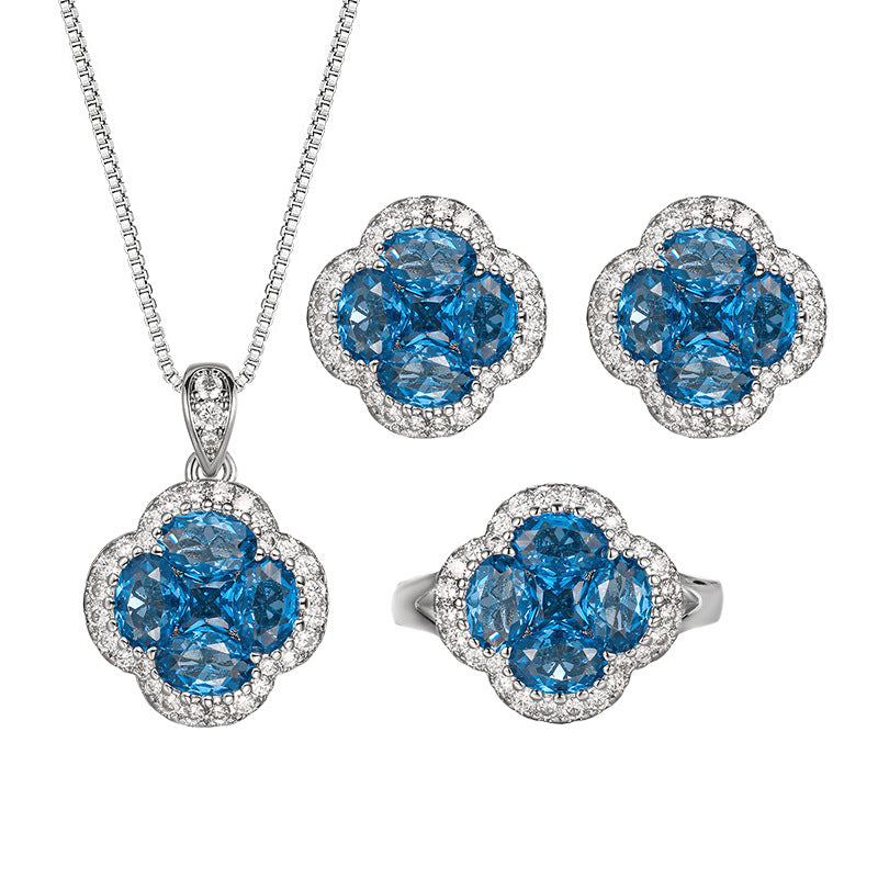 Blue pointed crystal four-leaf clover necklace ring earrings set