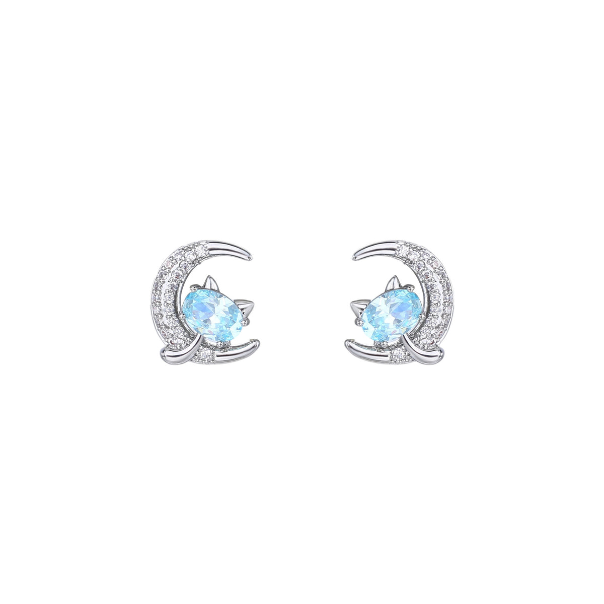 Moon Light Blue Zircon Cat Earrings