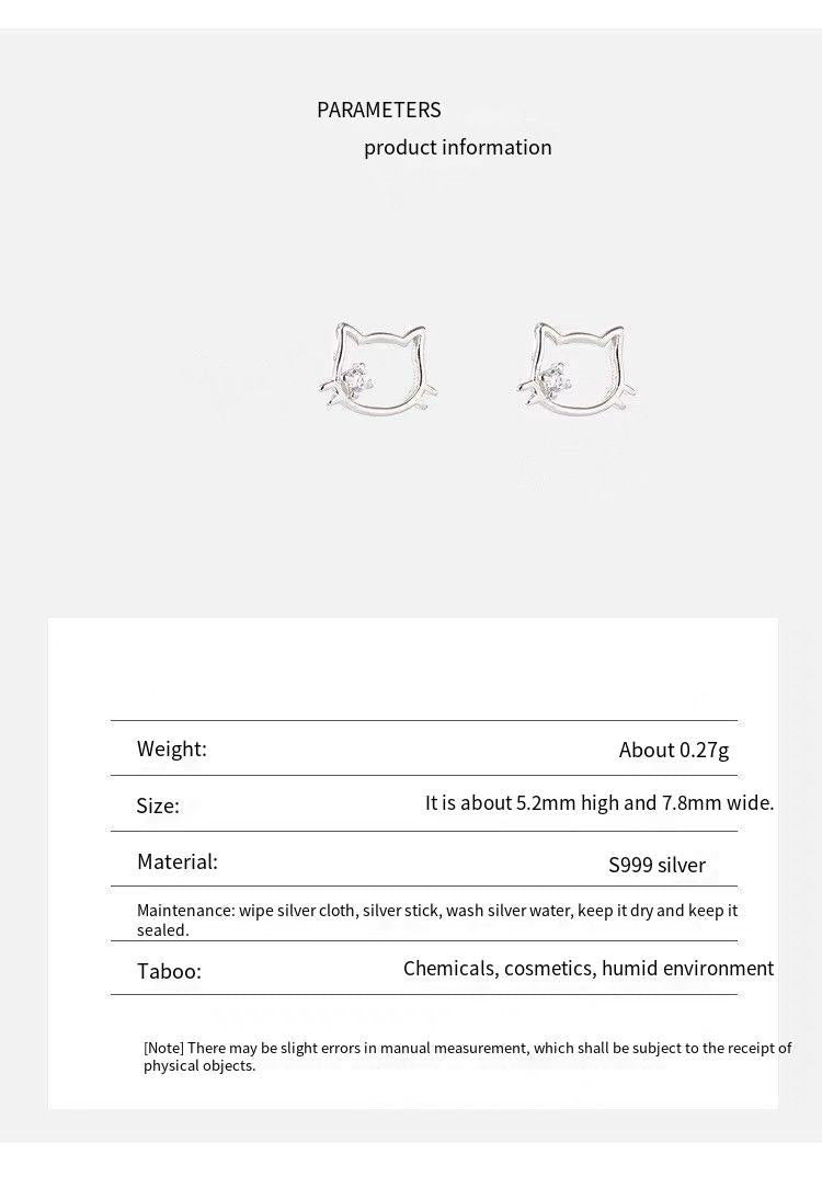 S999 sterling silver hollow cat ear nail earrings