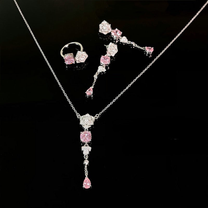 18K gold-plated rose flower gem zircon flash diamond earrings ring necklace set